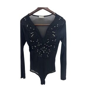 Top Chic Bodysuit Womens Small Black  Sheer Mesh‎ Pearl Lace V-Neck Long Sleeve